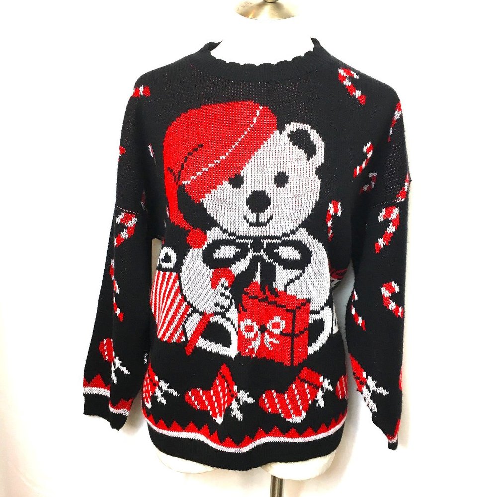 UGLY CHRISTMAS Sweater Teddy Bear w/ Christmas pkg by Nutcracker  VTG  Y2KEUC